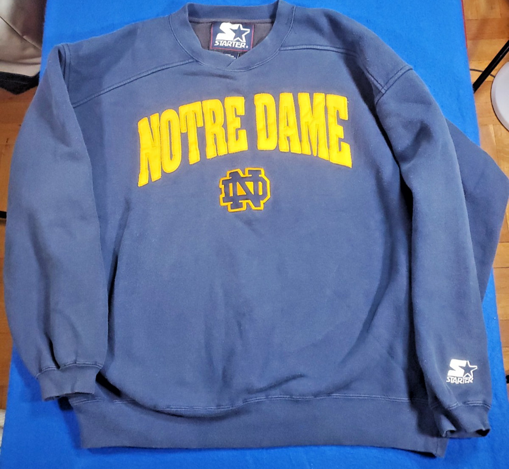 Vintage 90s Starter Notre Dame Sweatshirt Mens XL Navy Blue Spellout Crewneck VT